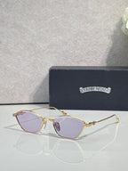 Gold metal frame eyeglasses with lavender-tinted round lenses and curved bridge