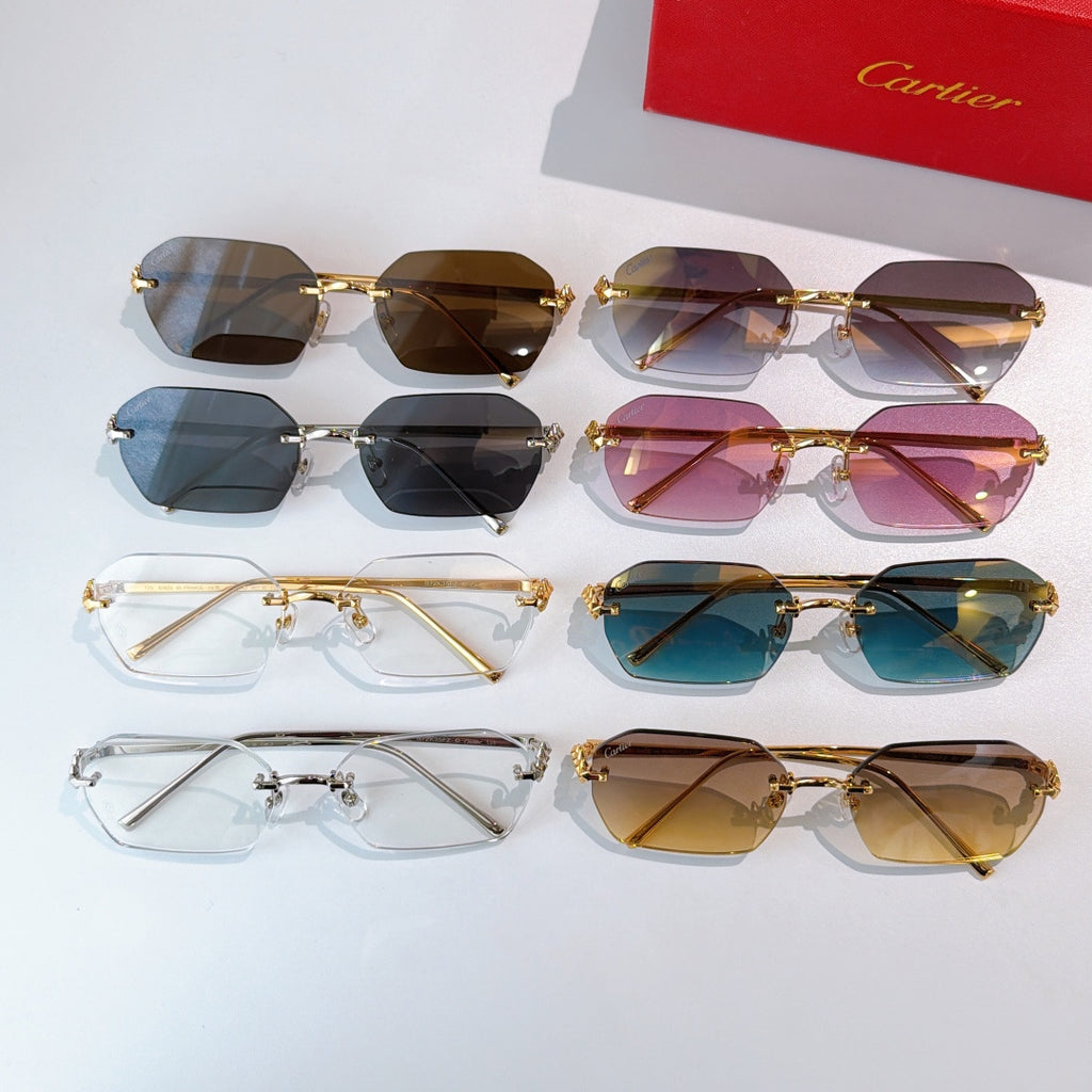 Assorted Cartier sunglasses and eyeglasses with metal frames and tinted lenses.