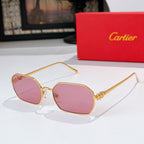 Gold-tone sunglasses with pink tinted lenses and angular frames