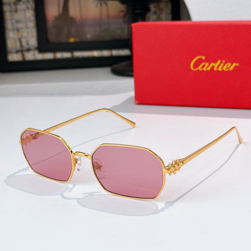 Gold-tone sunglasses with pink tinted lenses and angular frames