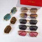 Assorted gold-tone sunglasses with various tinted lenses in a grid