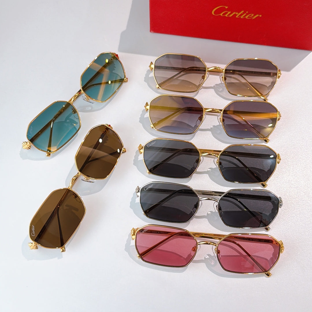 Assorted gold-tone sunglasses with various tinted lenses in a grid