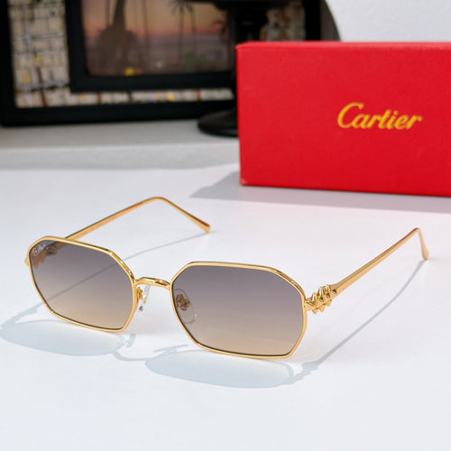 Gold-tone sunglasses with gray tinted lenses and angular frames