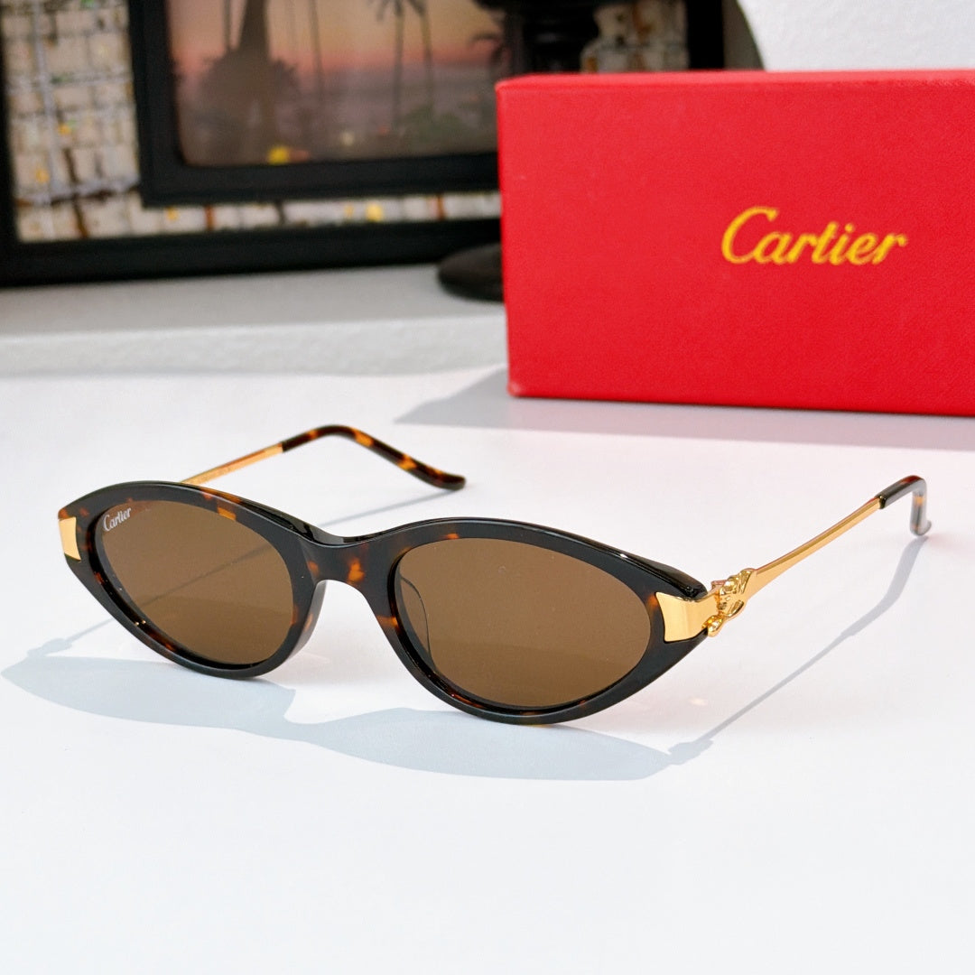 Cartier sunglasses, tortoiseshell frames, brown tinted lenses, gold temple detail