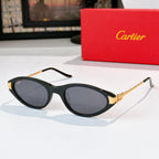 Cartier sunglasses, black frames, tinted lenses, gold temple tips