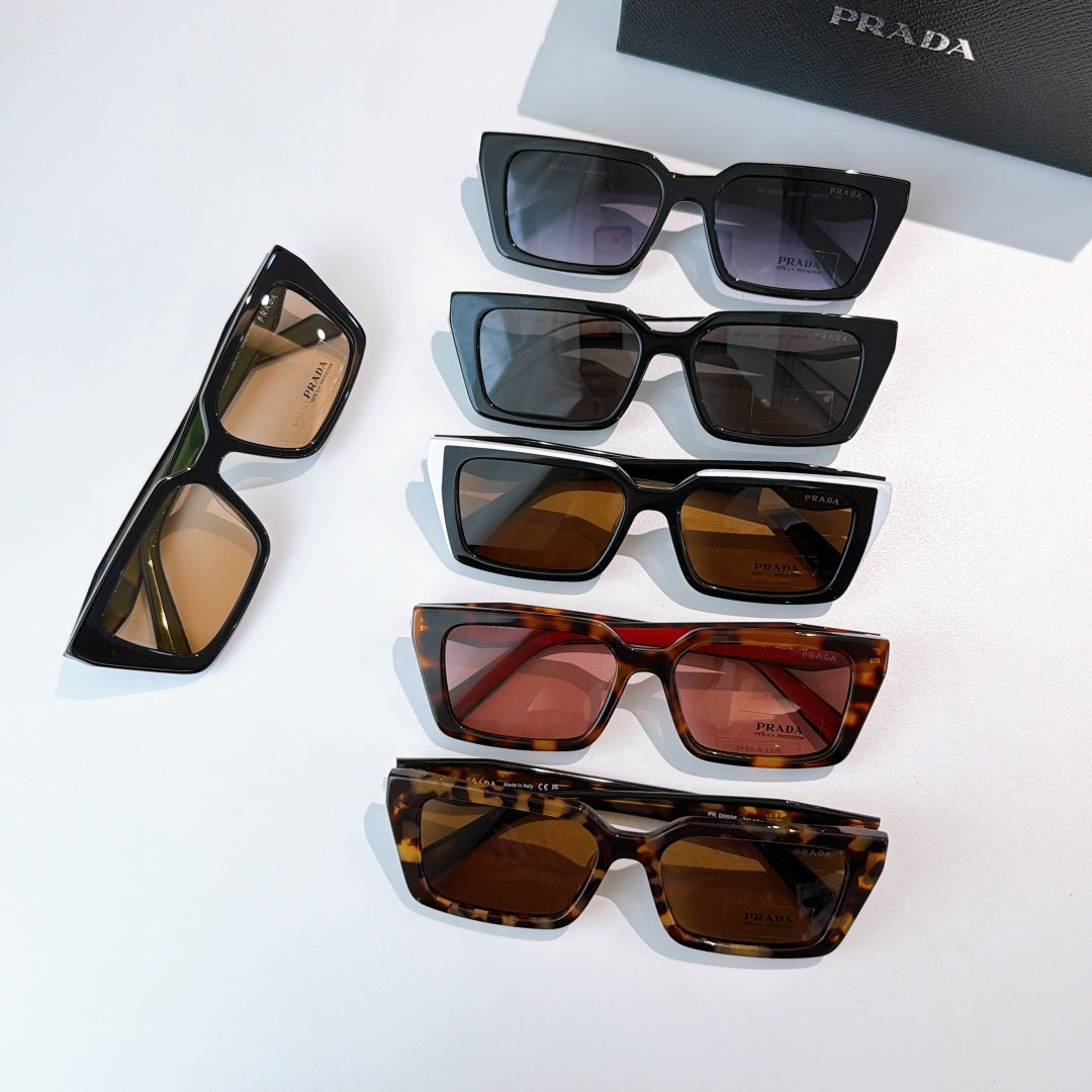 Assorted square sunglasses laid out, including black, blue, brown, and tortoise frames