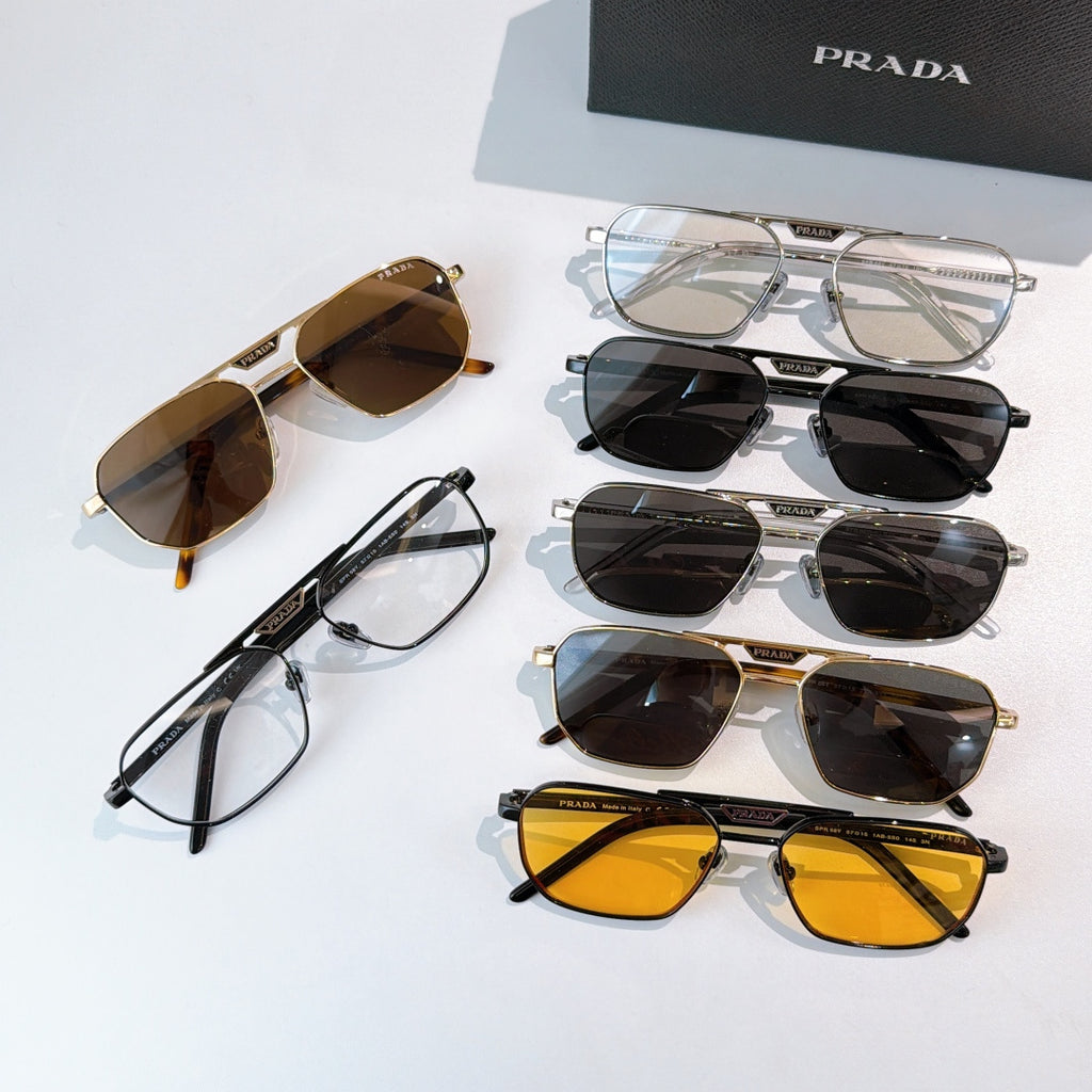 Prada eyewear collection with multiple frames and dark lenses, mixed styles