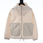 Off-white hooded jacket with front zipper and two flap pockets