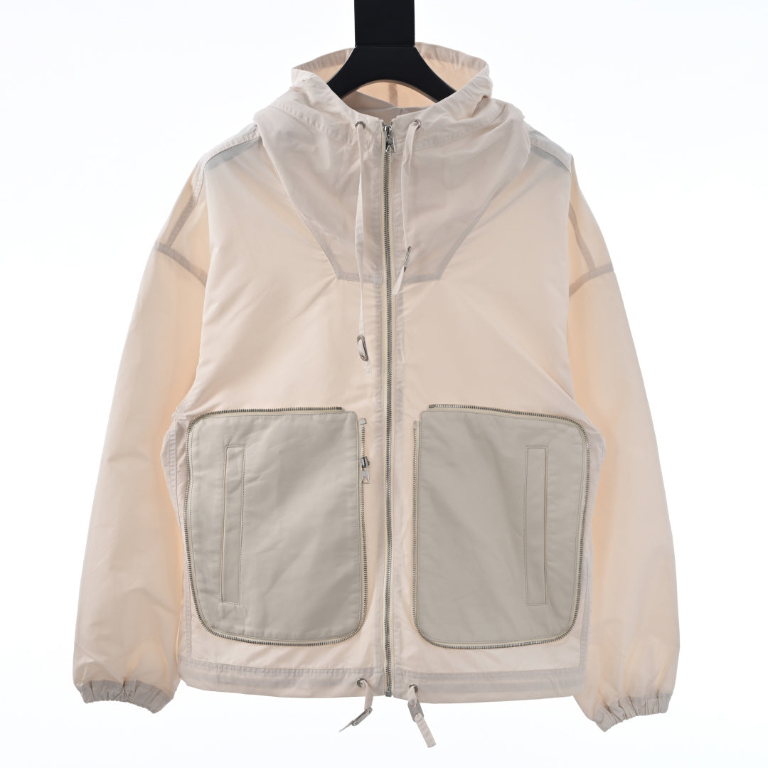 Off-white hooded jacket with front zipper and two flap pockets