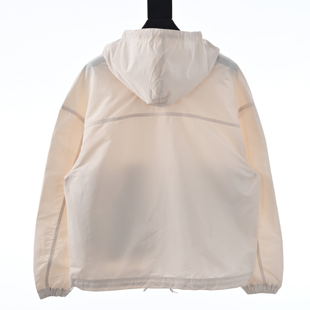 Off-white hooded jacket back view with elastic cuffs