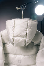 White Moncler puffer jacket hood and upper back section