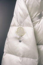 White Moncler puffer jacket shoulder badge with snap button