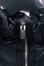 Moncler puffer jacket front zipper with metal pull, dark fabric