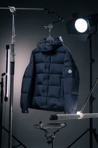 Moncler long puffer jacket with hood, dark navy quilted panels