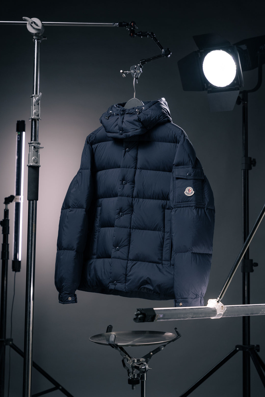 Moncler long puffer jacket with hood, dark navy quilted panels