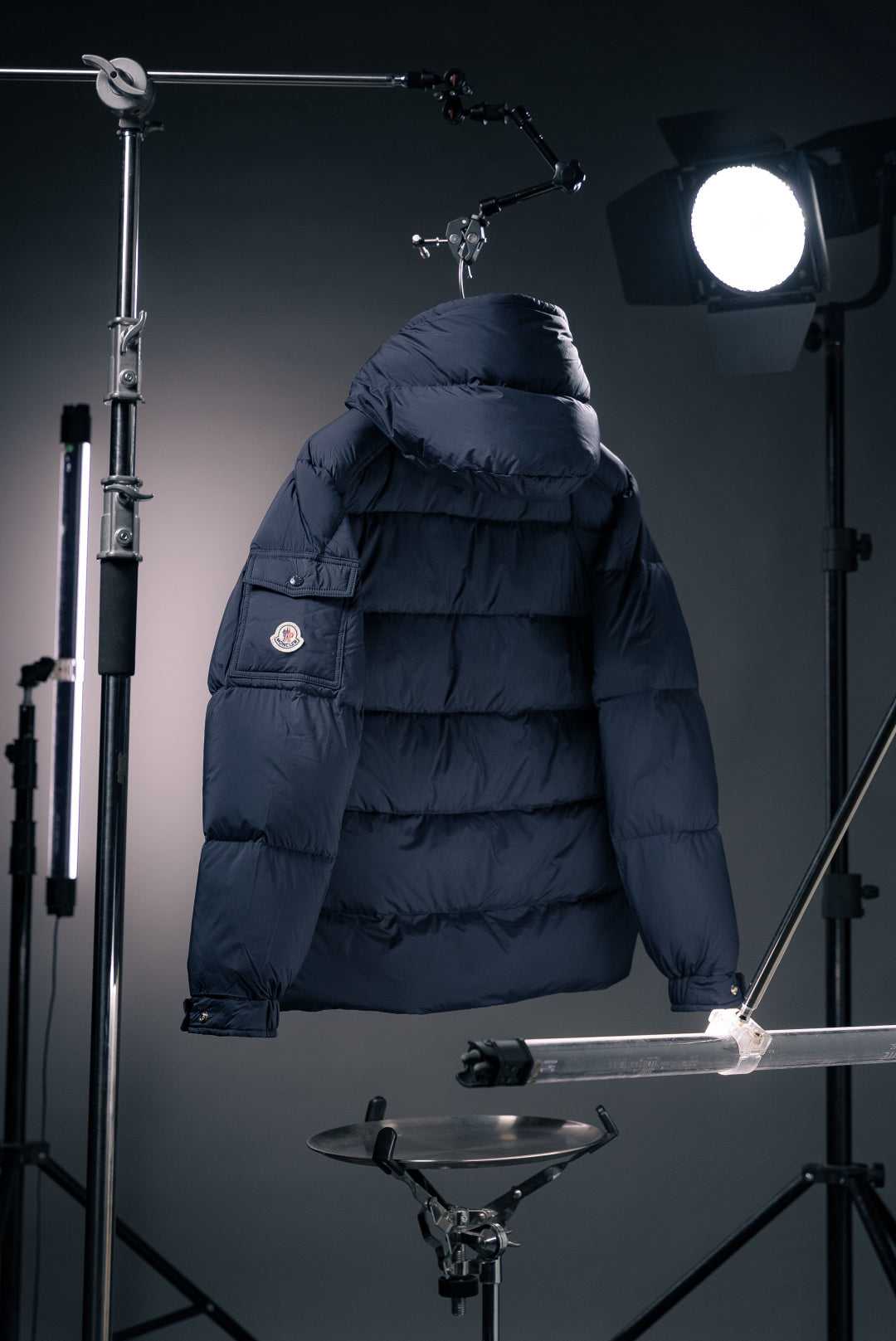 Moncler long puffer jacket with hood and dense quilted back panels