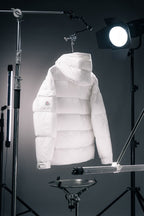 White hooded long puffer jacket back view with quilted baffle stitching