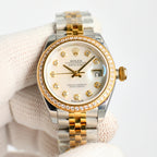 Rolex Datejust wristwatch with white dial, gold hour markers, diamond bezel, jubilee band