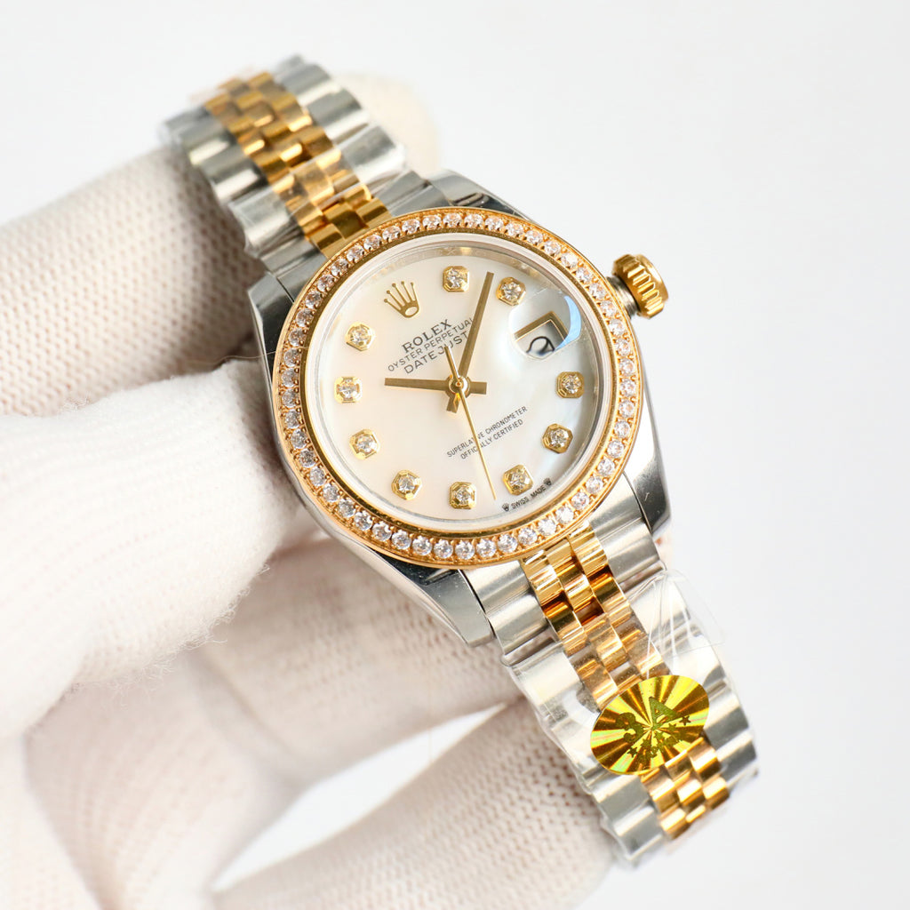 Two-tone wristwatch with white dial, diamond bezel, gold markers, and jubilee bracelet