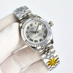 Wristwatch with silver dial, Roman numerals, and steel bracelet, crown on right