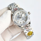 Wristwatch with silver dial and gem indexes, steel bracelet, crown on right
