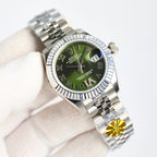 Wristwatch with green dial, silver bezel, and steel bracelet, crown on right
