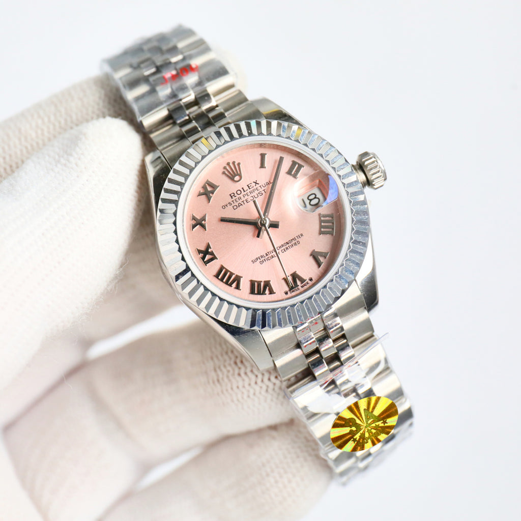Wristwatch with pink dial, Roman numerals, and steel bracelet, crown on right