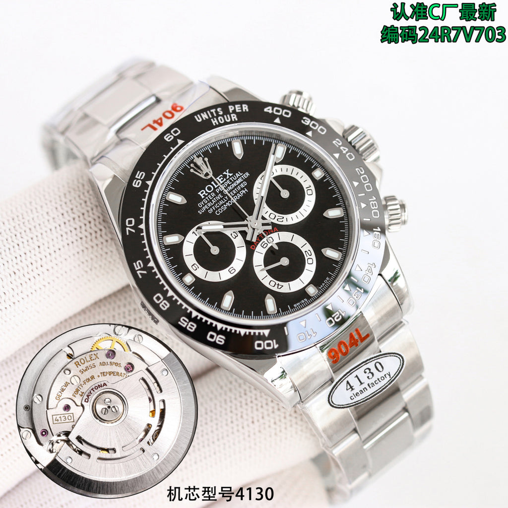 Rolex wristwatch with black dial, silver bezel, and steel link bracelet