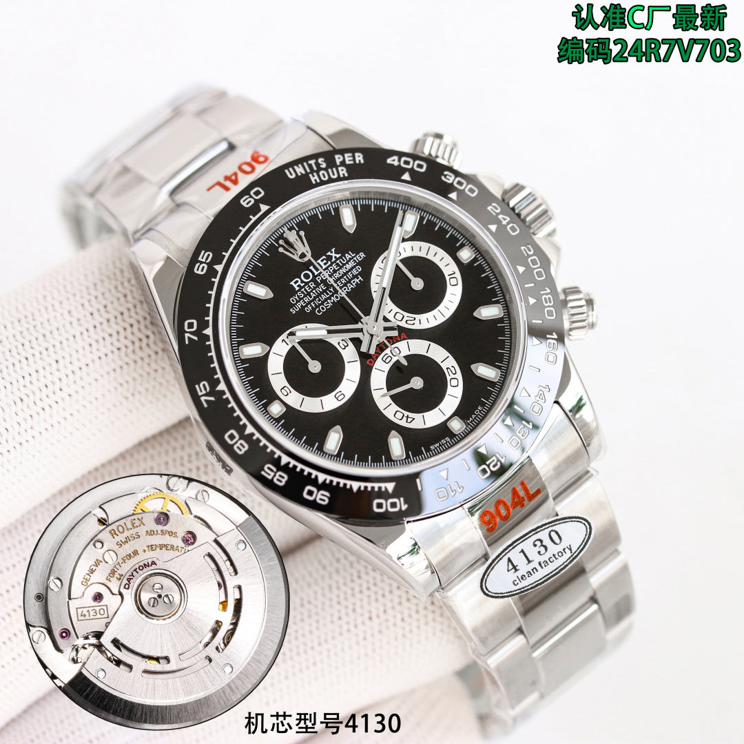 Rolex wristwatch with black dial, silver bezel, and steel link bracelet