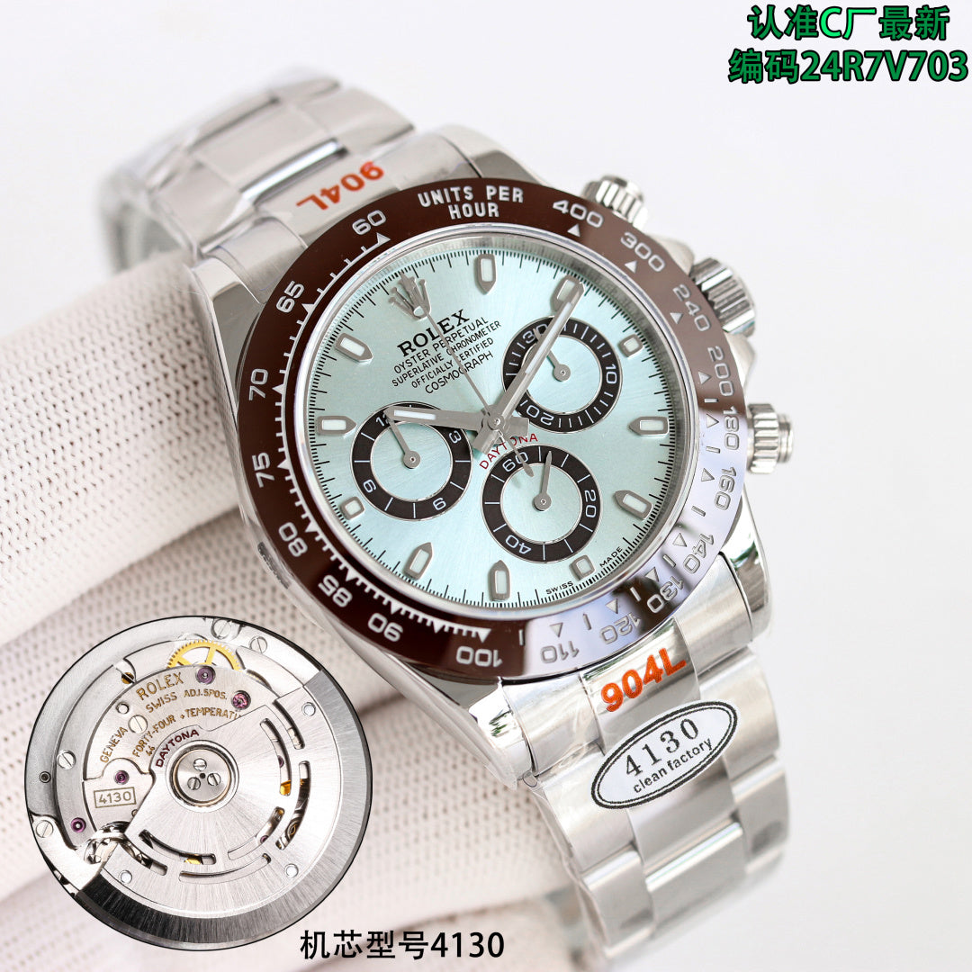 Rolex wristwatch with light blue dial, silver bezel, and steel link bracelet