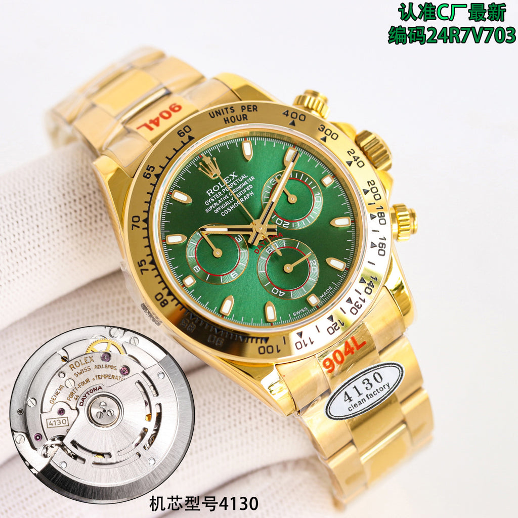 Rolex wristwatch with green dial, gold bezel, and gold link bracelet