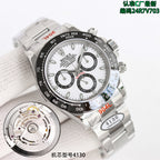 Rolex wristwatch with black dial and steel bracelet, front view
