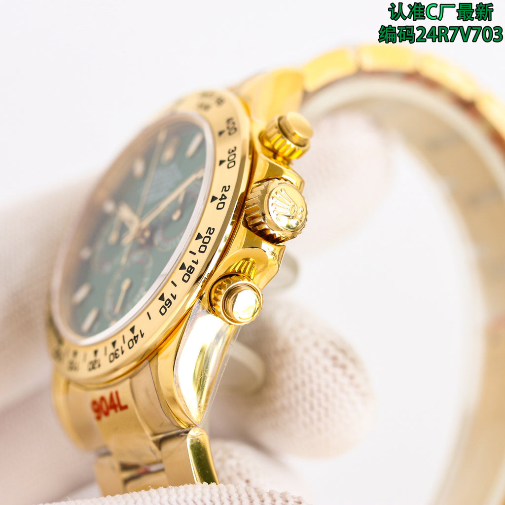 Rolex gold wristwatch side view with crown and pushers