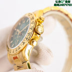 Rolex gold wristwatch side view with crown and pushers