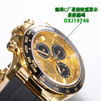 Rolex wristwatch with gold dial and black subdials, gold-tone case and strap.