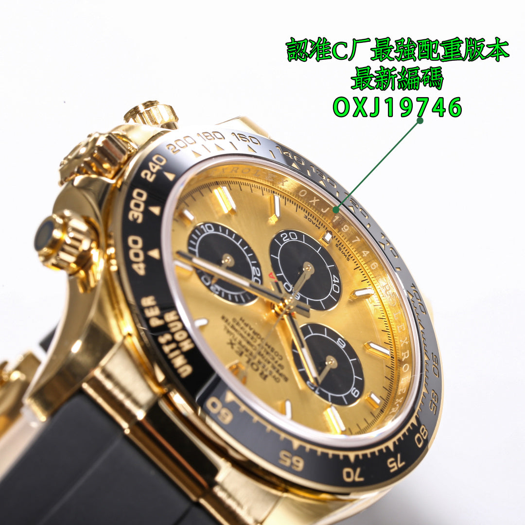 Rolex wristwatch with gold dial and black subdials, gold-tone case and strap.