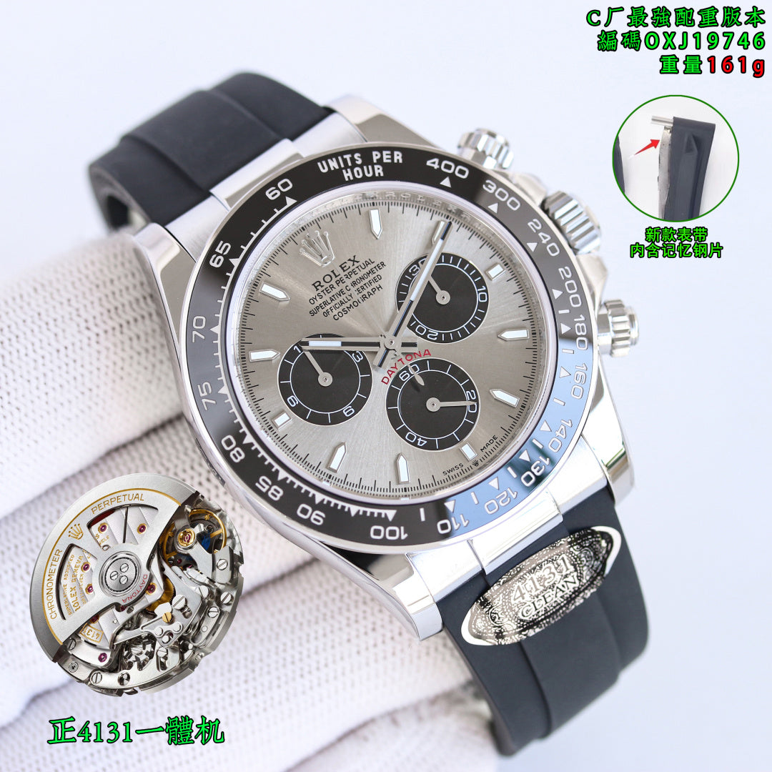 Rolex wristwatch with silver-tone case, light dial, and black rubber strap.