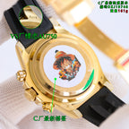 Rolex wristwatch case detail with gold bezel and black rubber strap, circular back.