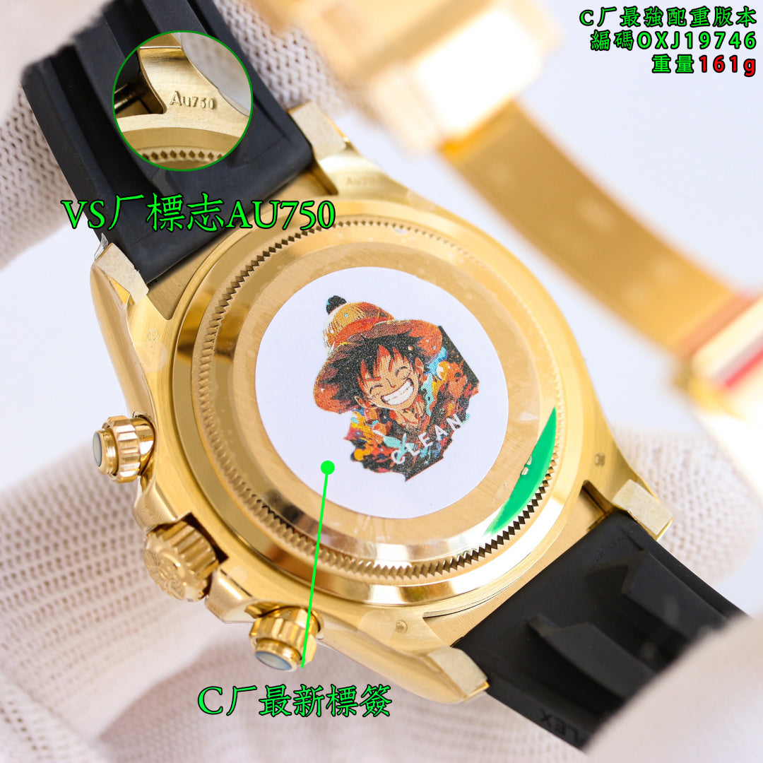 Rolex wristwatch case detail with gold bezel and black rubber strap, circular back.