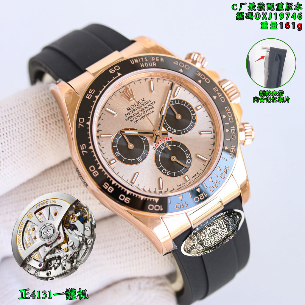 Rolex wristwatch with rose-gold tone case, champagne dial, and black rubber strap.