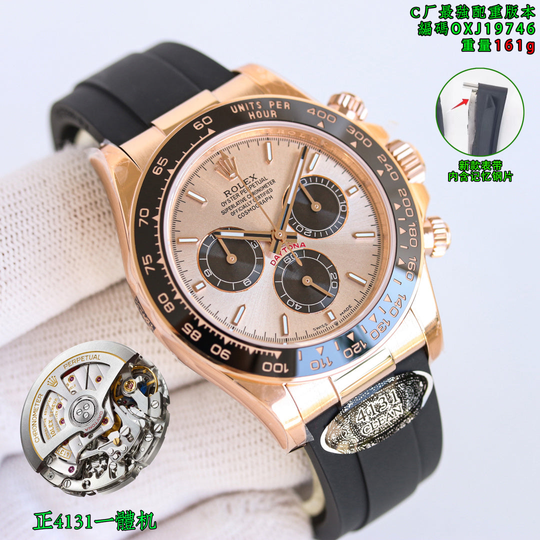 Rolex wristwatch with rose-gold tone case, champagne dial, and black rubber strap.