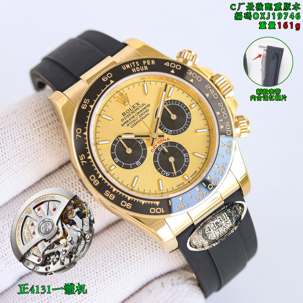 Rolex wristwatch with gold-tone case, gold dial, and black rubber strap.