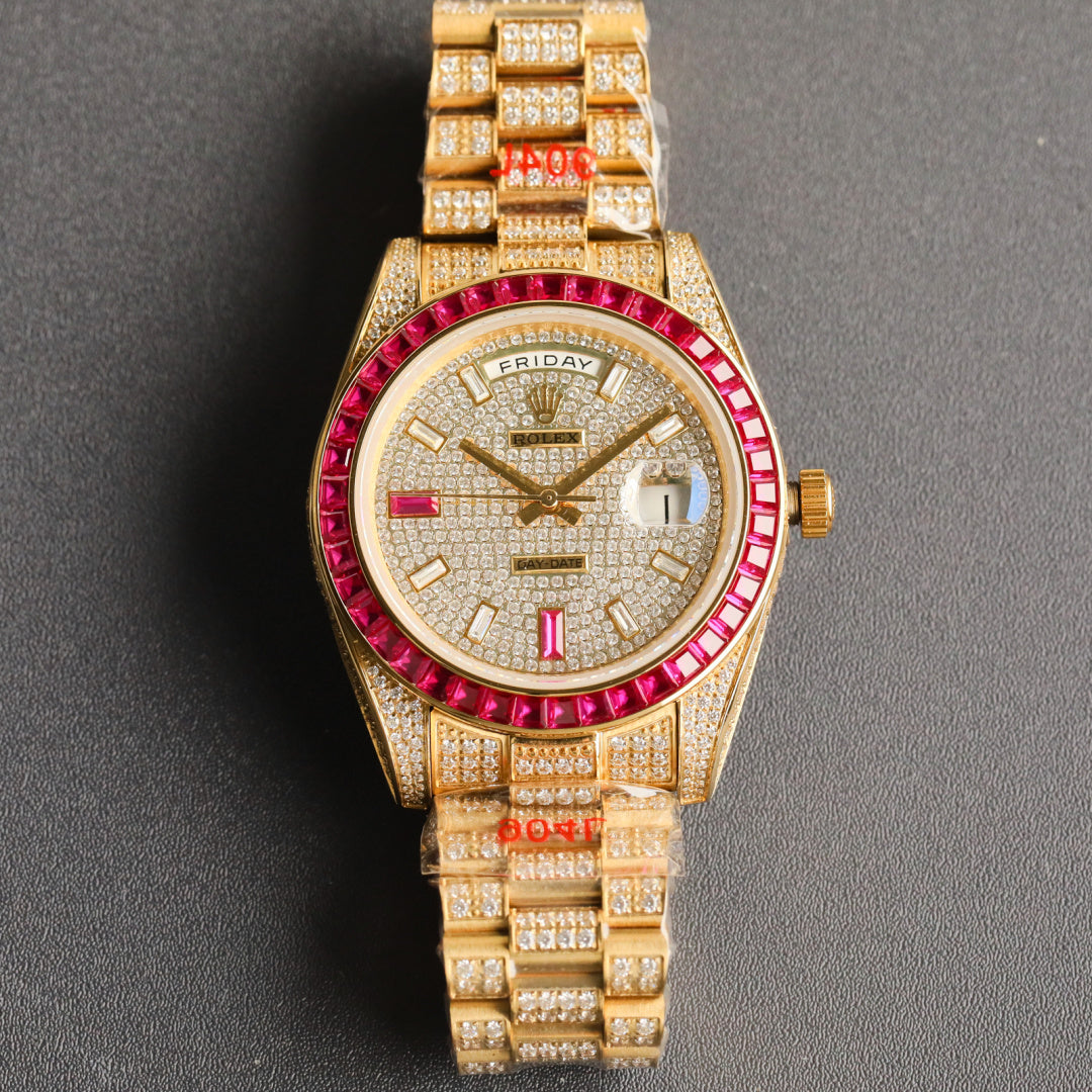 Rolex gold watch with pink bezel, diamond dial, and jeweled bracelet