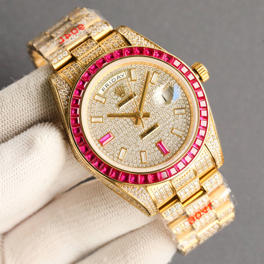 Rolex gold watch angled on wrist with pink bezel and sparkling diamond dial
