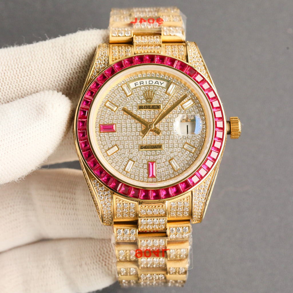 Rolex diamond watch with gold bracelet, pink bezel, and jeweled dial