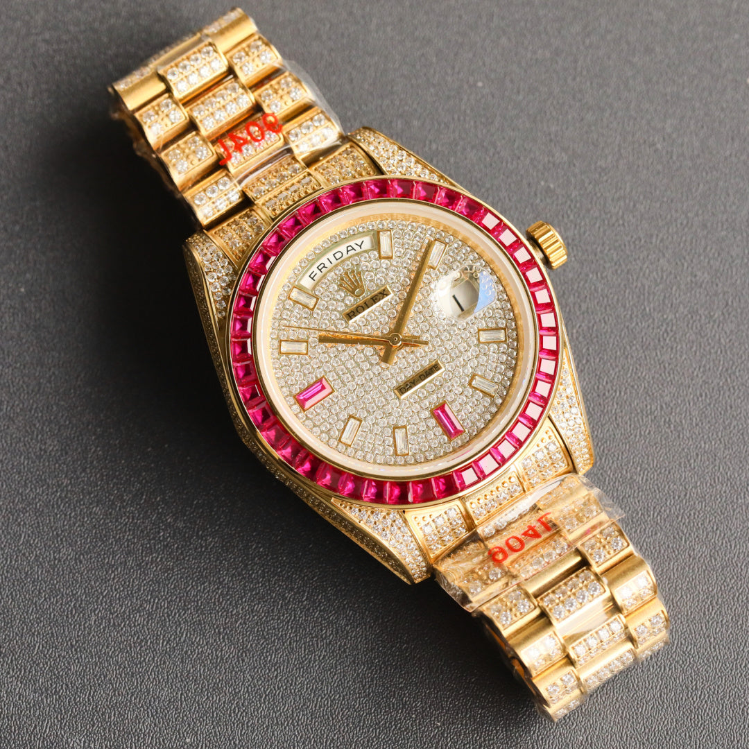 Rolex gold watch with pink bezel and diamond bracelet in side view