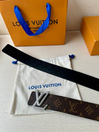 Dark monogram belt with long strap and gold LV-style buckle