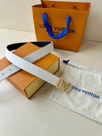 White leather belt with gold-toned LV logo buckle