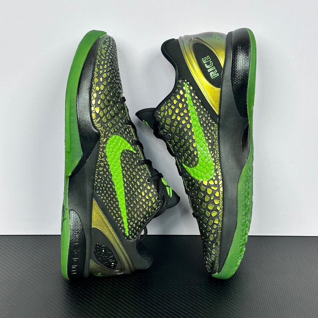 Black and green basketball shoes shown from side angles with neon green soles.