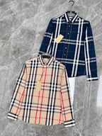 Burberry long-sleeve button-up shirt in blue and white check and another plaid